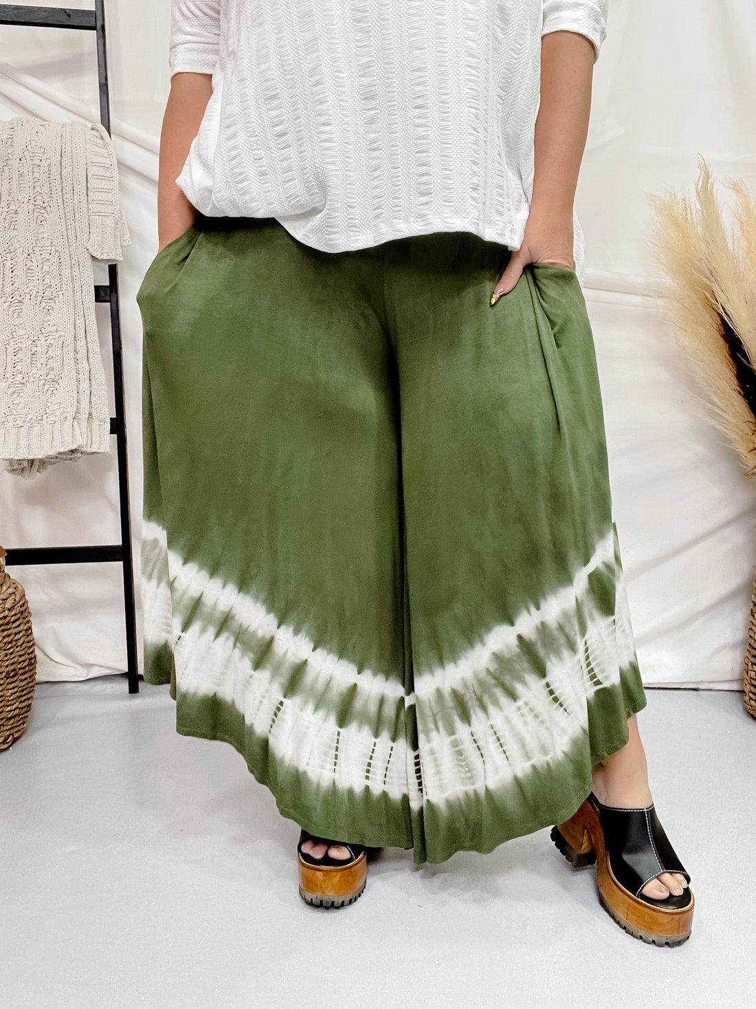 Olive Tie Dye High Rise Palazzo Pants - Whiskey Skies - SEW IN LOVE