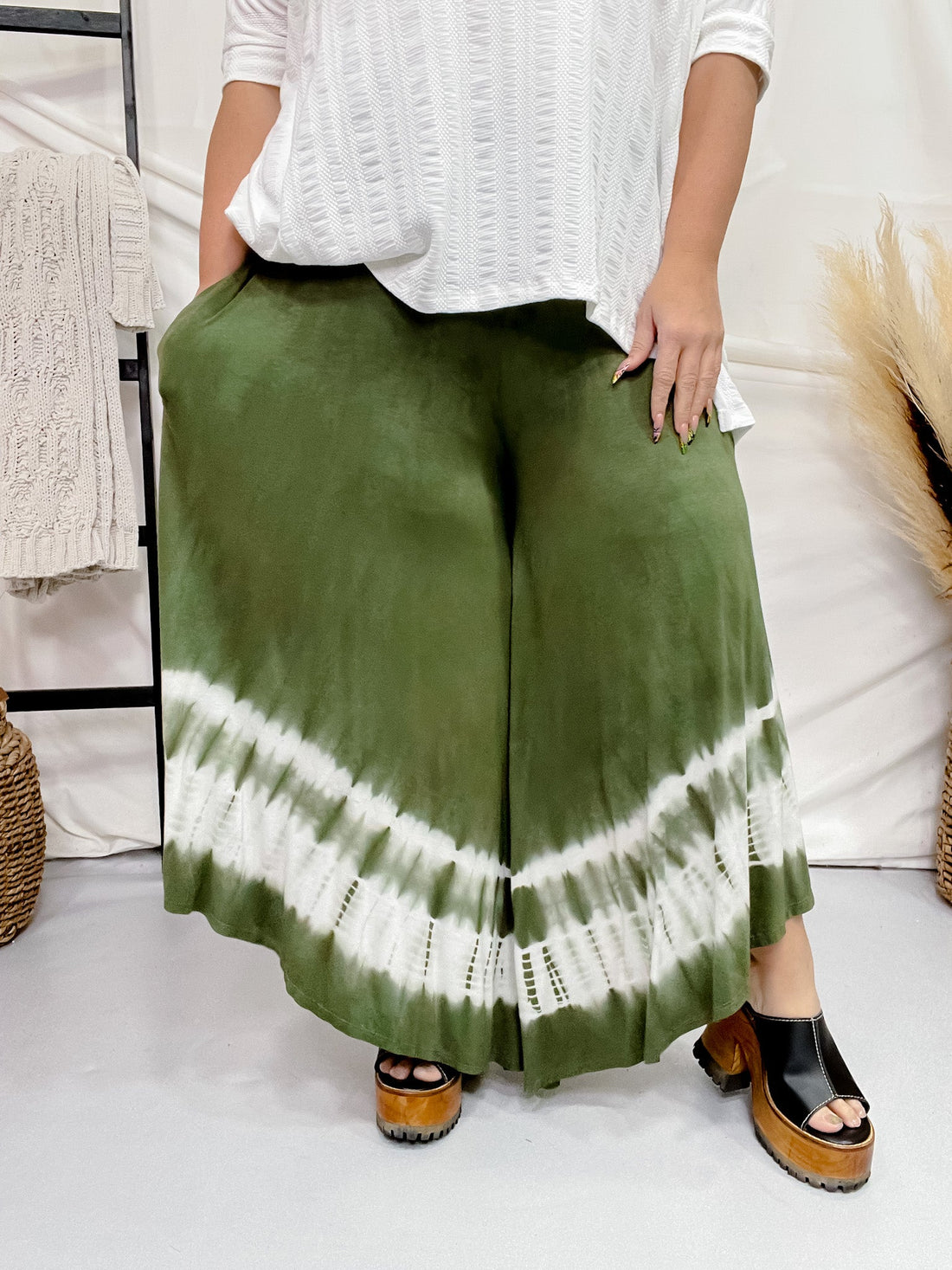 Olive Tie Dye High Rise Palazzo Pants - Whiskey Skies - SEW IN LOVE