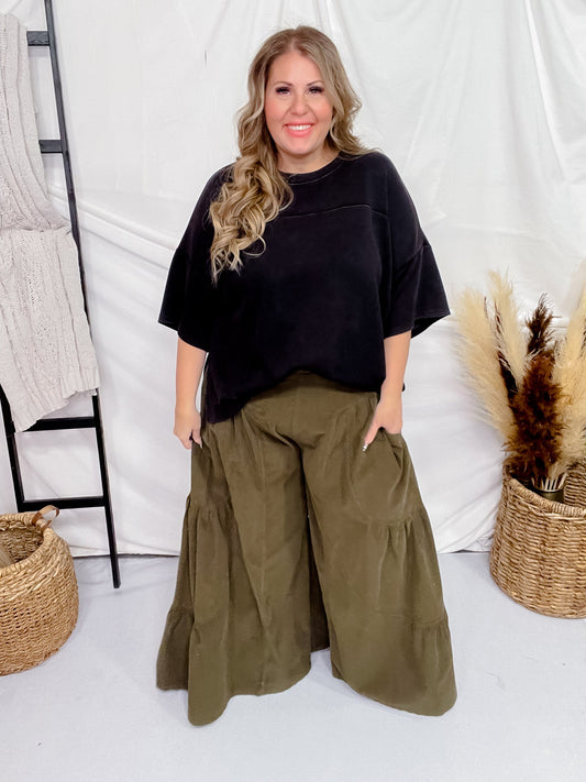 Olive Wide Leg Palazzo Pants - Whiskey Skies - BLUEVELVET