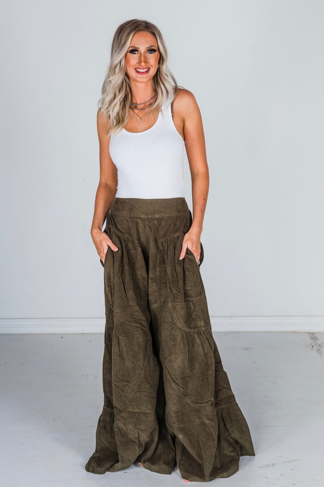 Olive Wide Leg Palazzo Pants - Whiskey Skies - BLUEVELVET