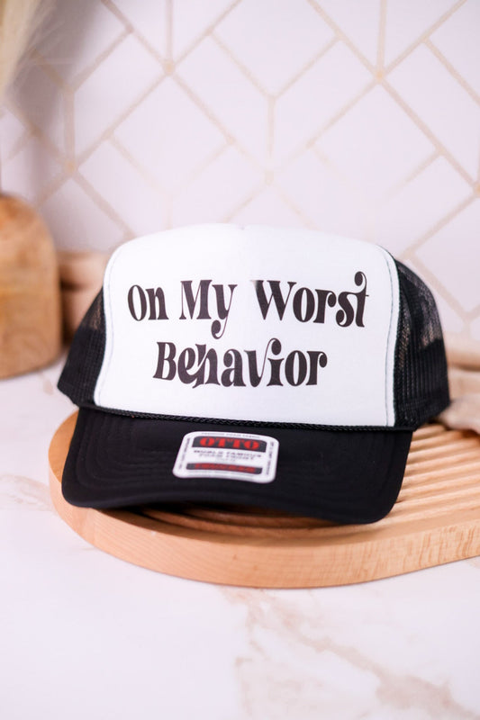 "On My Worst Behavior" Trucker Hat - Whiskey Skies - THE LATTIMORE CLAIM