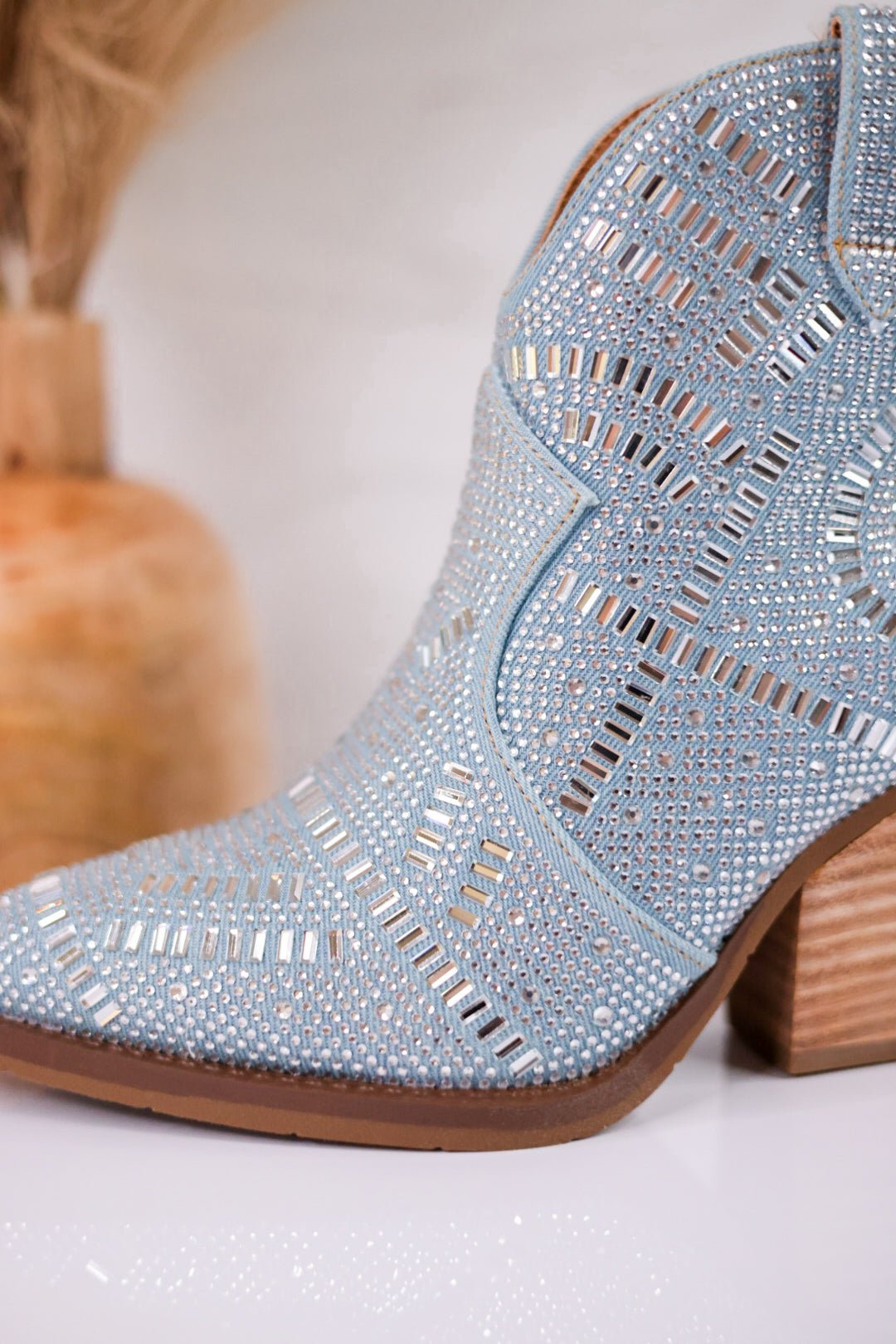 One Day Denim Rhinestone Ankle Boots - Whiskey Skies - VERY G