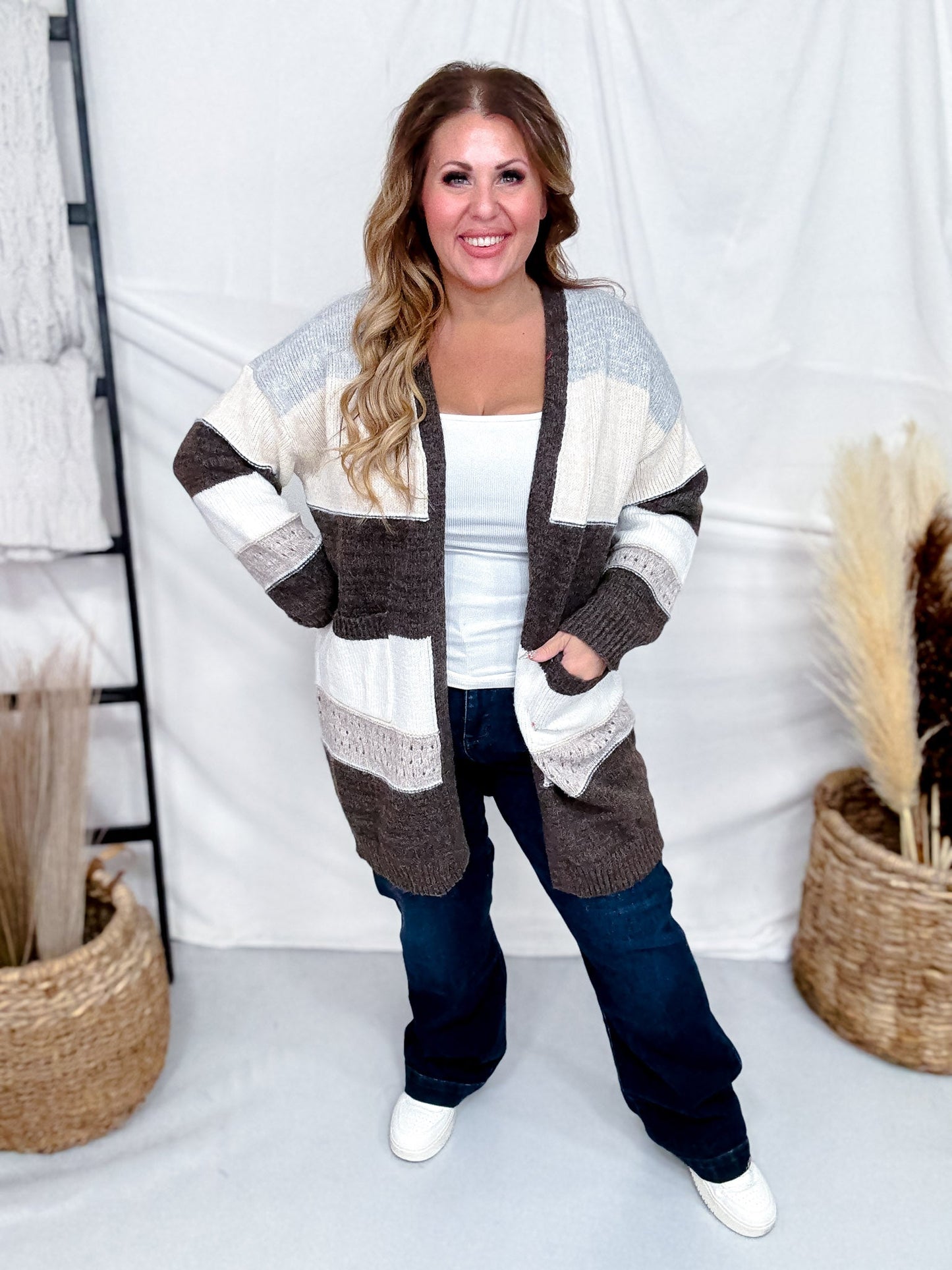 Open Front Coffee Striped Knit Cardigan - Whiskey Skies - ADORA