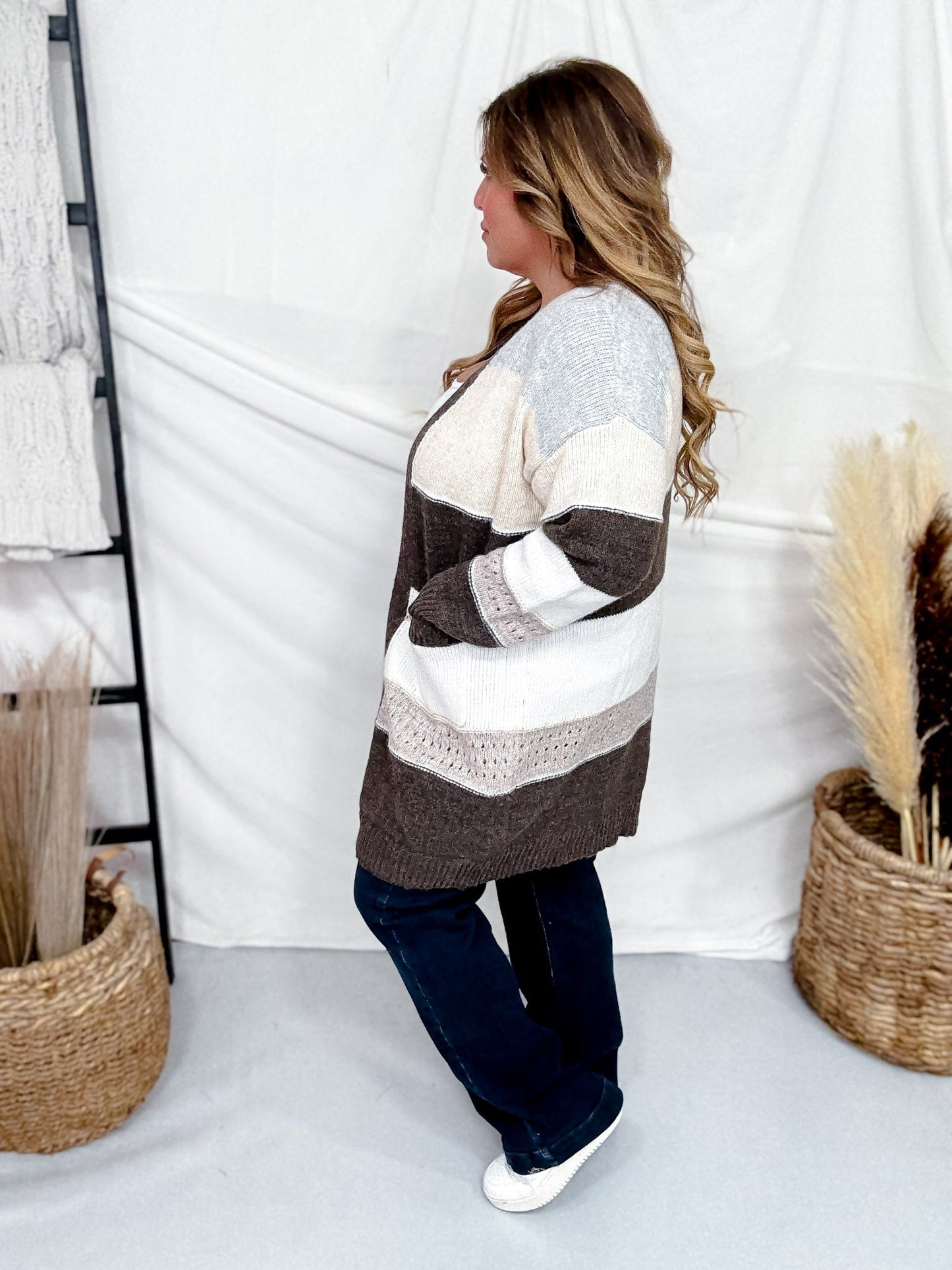 Open Front Coffee Striped Knit Cardigan - Whiskey Skies - ADORA