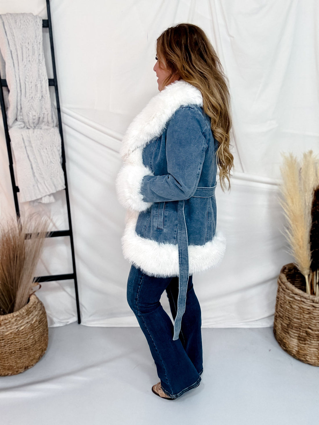 Open Front Denim Jacket With Faux Fur Trim - Whiskey Skies - COALITION LA