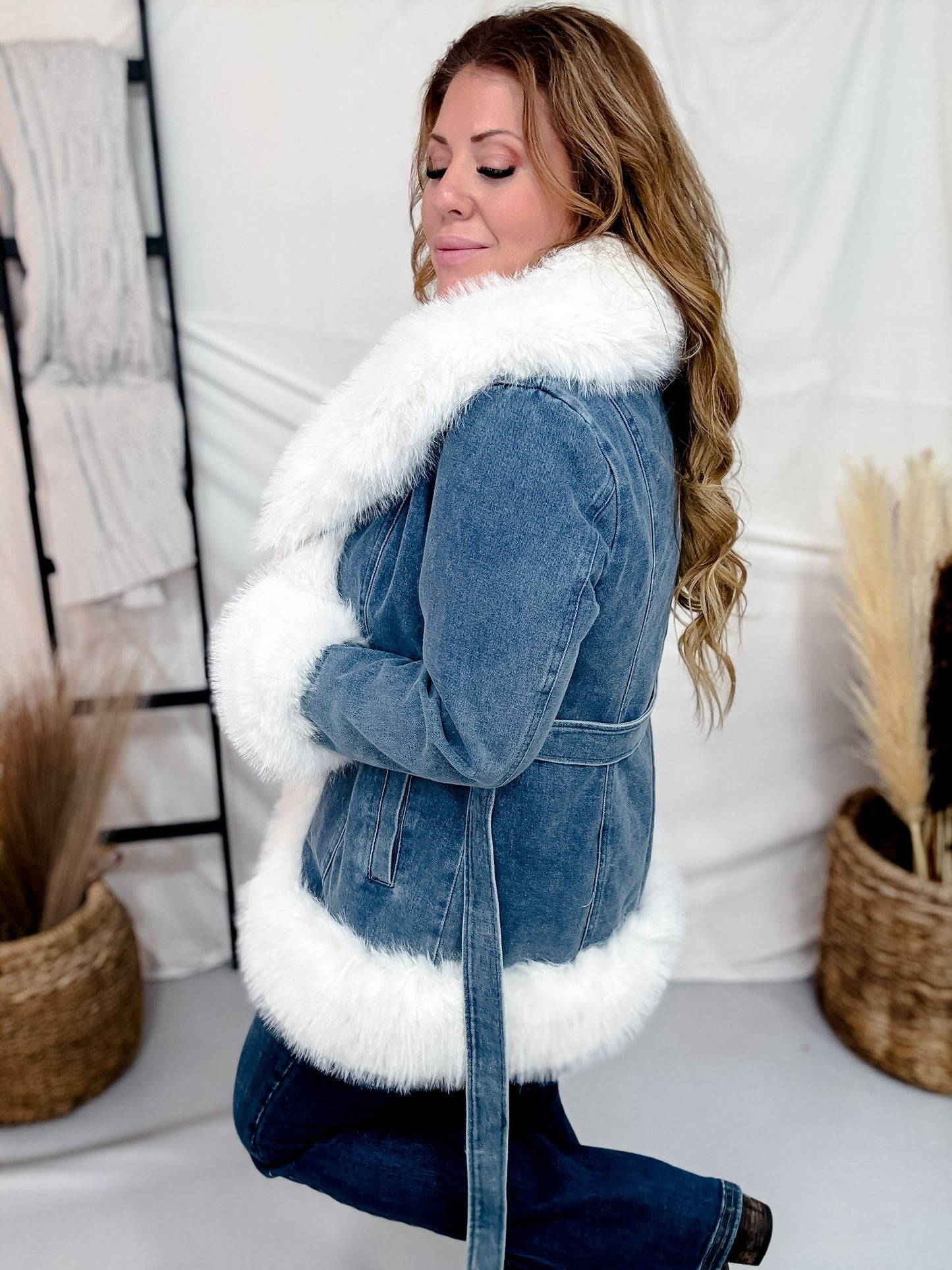 Open Front Denim Jacket With Faux Fur Trim - Whiskey Skies - COALITION LA