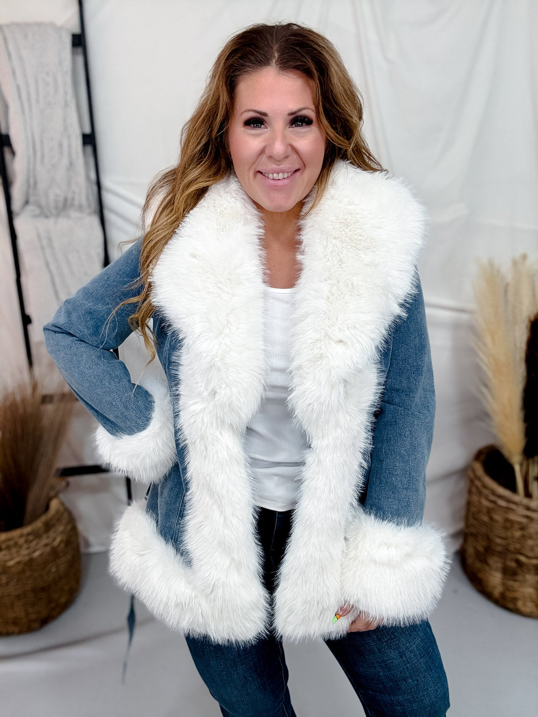 Open Front Denim Jacket With Faux Fur Trim - Whiskey Skies - COALITION LA