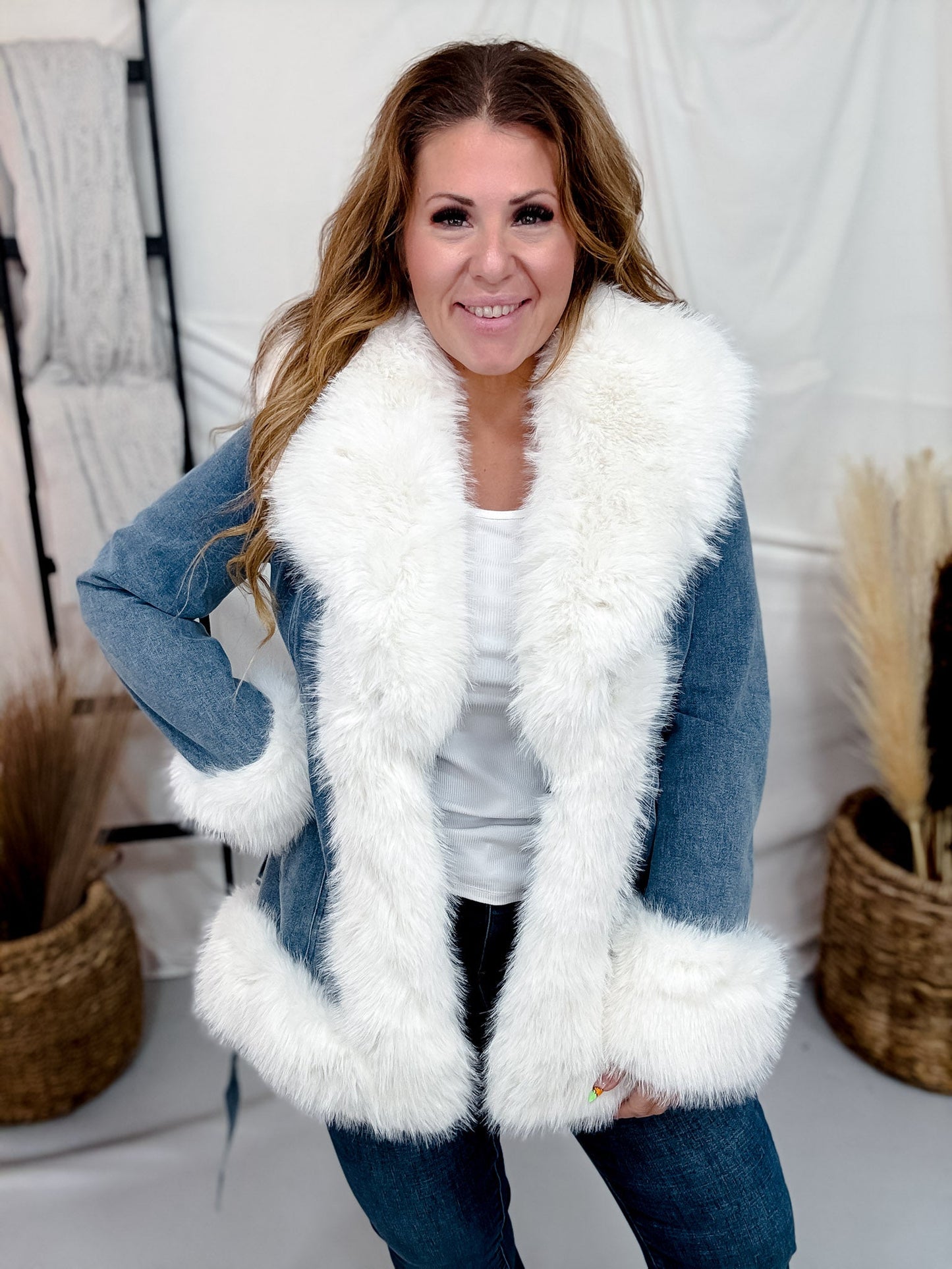 Open Front Denim Jacket With Faux Fur Trim - Whiskey Skies - COALITION LA