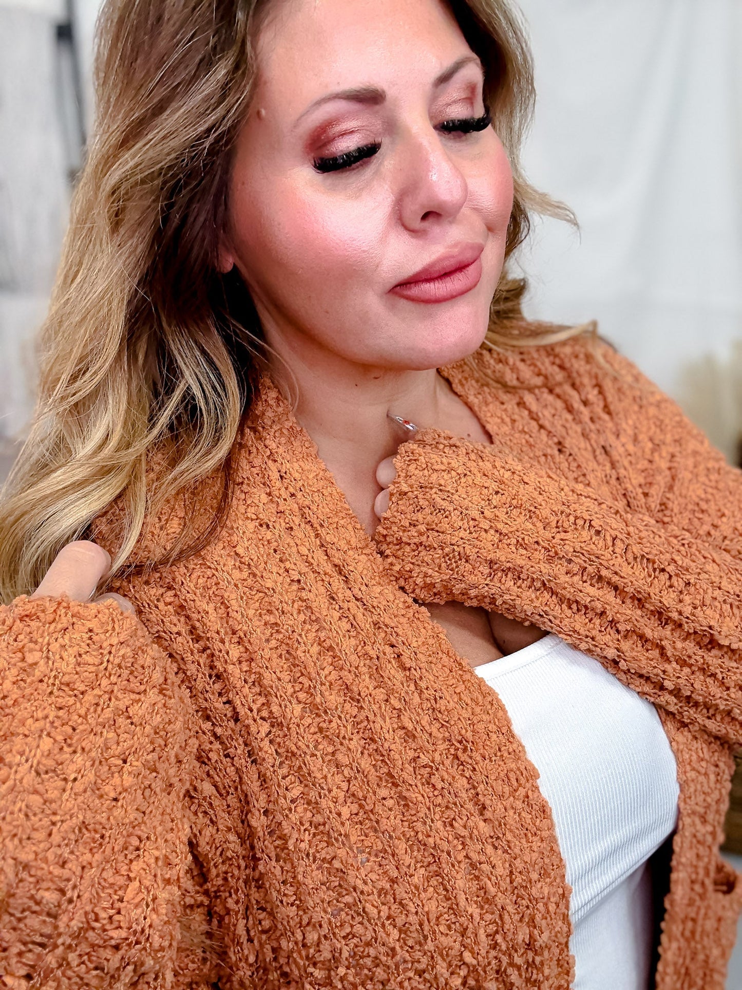 Open Front Popcorn Textured Cardigan In Adobe - Whiskey Skies - SWEET GENERIS