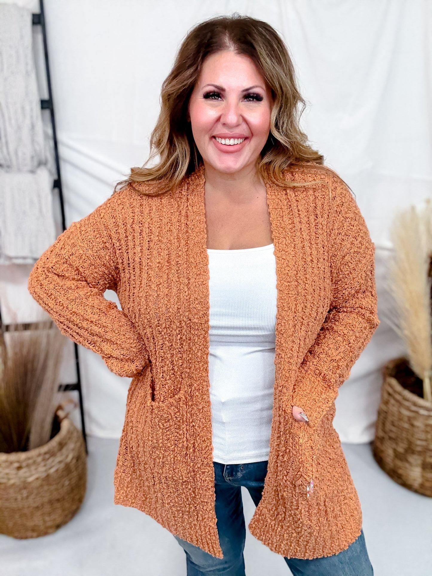Open Front Popcorn Textured Cardigan In Adobe - Whiskey Skies - SWEET GENERIS