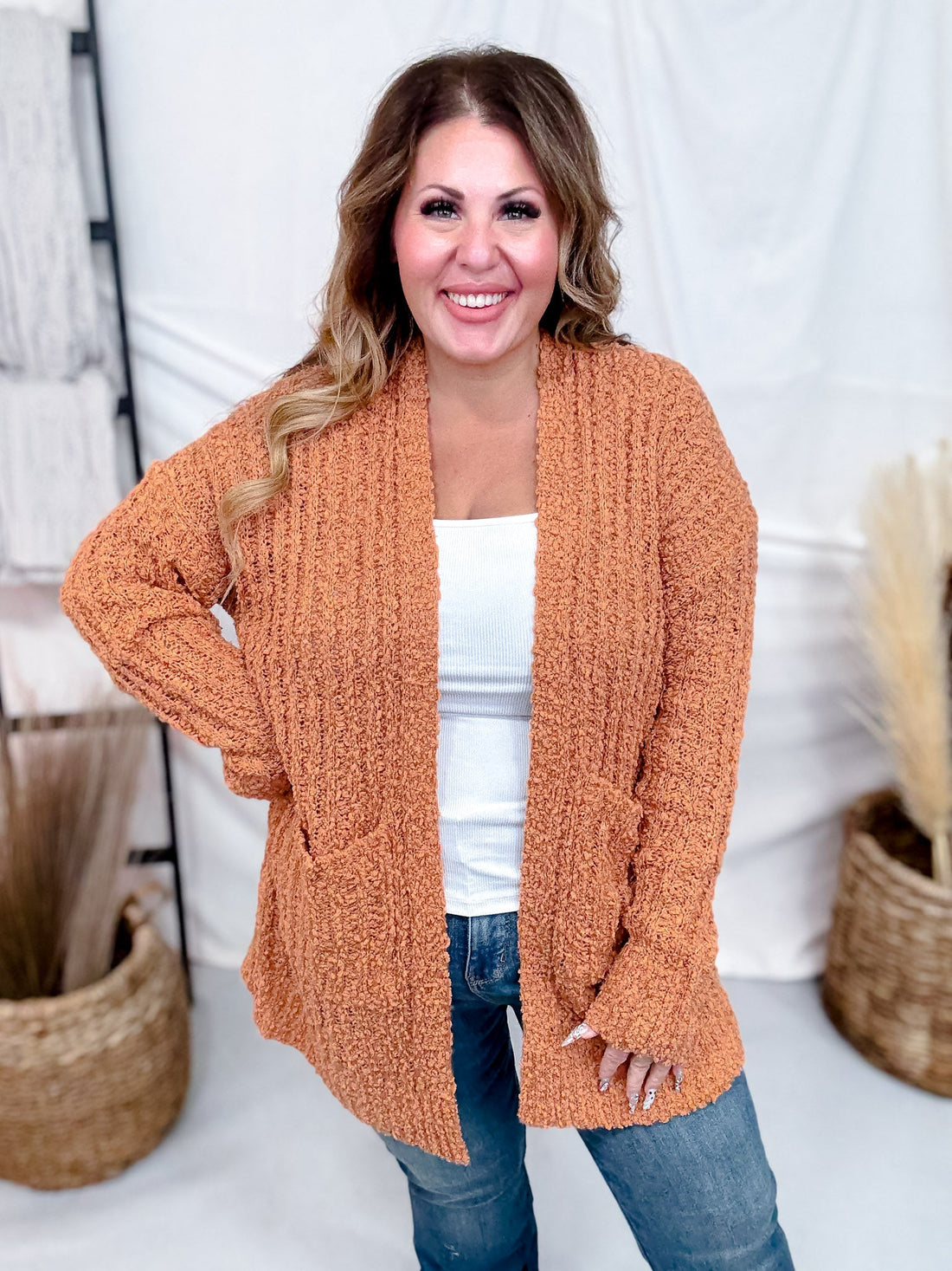 Open Front Popcorn Textured Cardigan In Adobe - Whiskey Skies - SWEET GENERIS