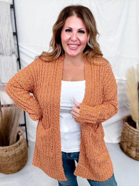Open Front Popcorn Textured Cardigan In Adobe - Whiskey Skies - SWEET GENERIS
