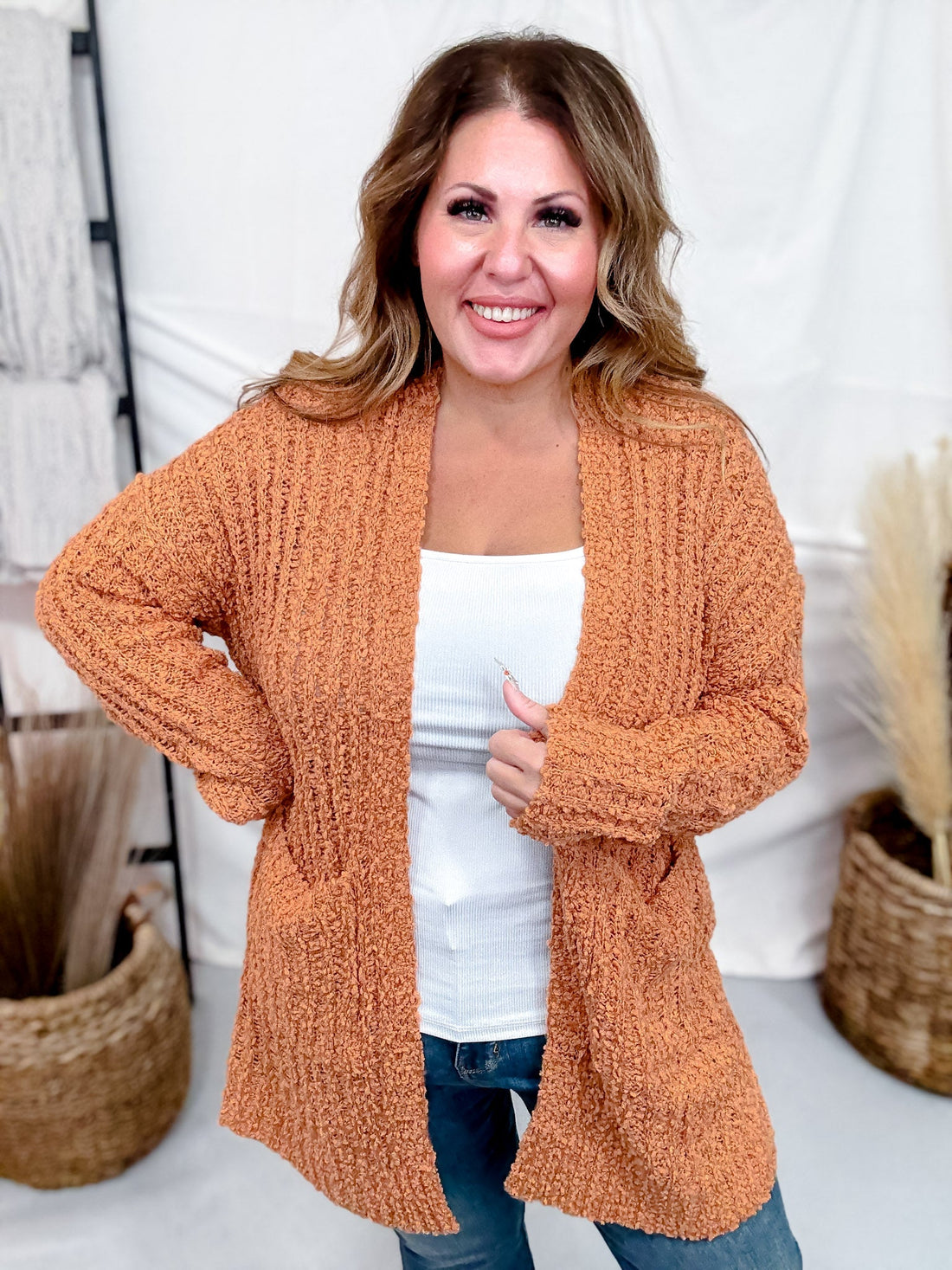 Open Front Popcorn Textured Cardigan In Adobe - Whiskey Skies - SWEET GENERIS