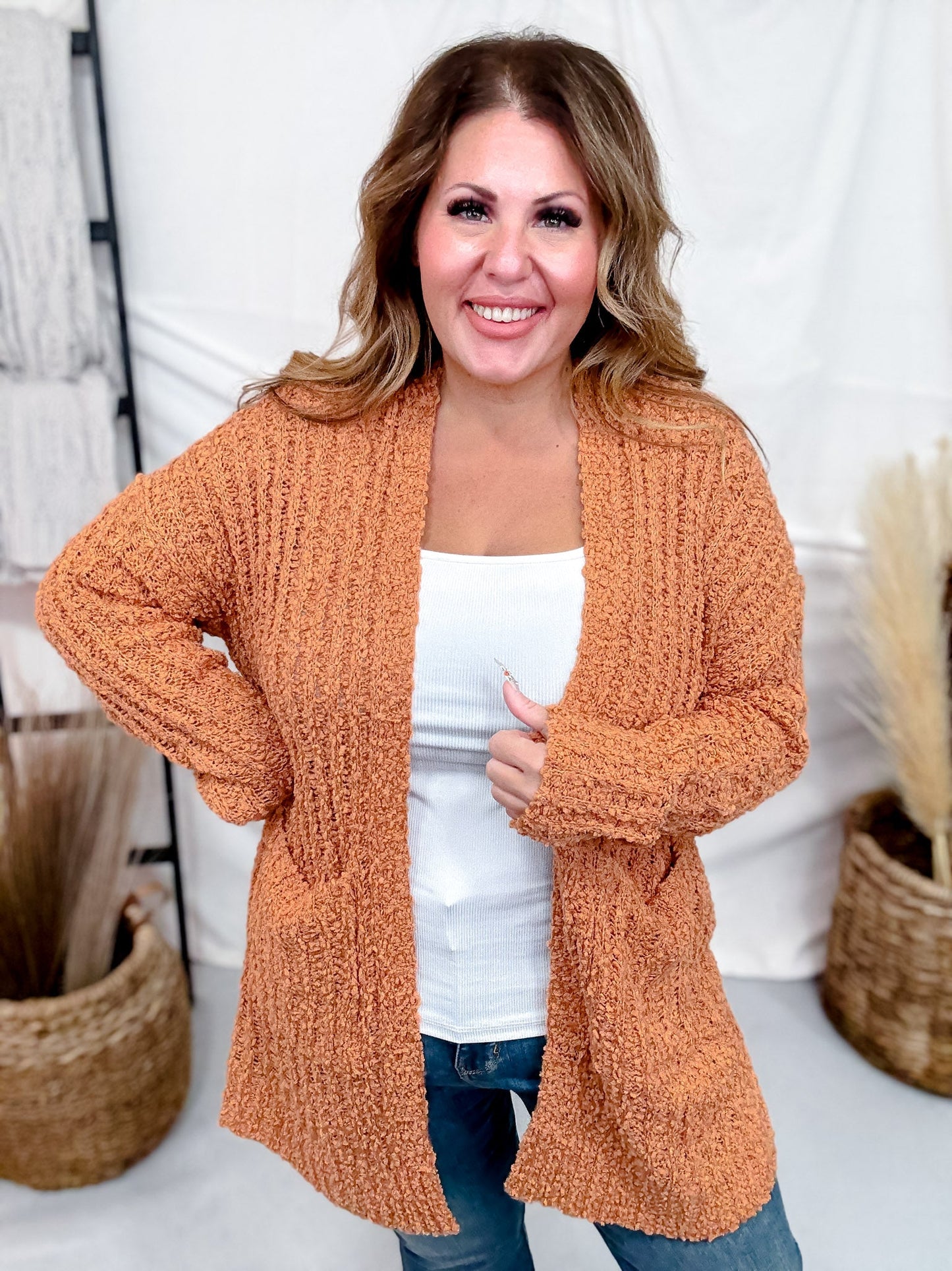 Open Front Popcorn Textured Cardigan In Adobe - Whiskey Skies - SWEET GENERIS