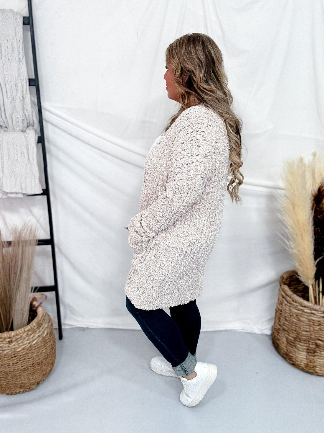 Open Front Popcorn Textured Cardigan In Cream - Whiskey Skies - SWEET GENERIS