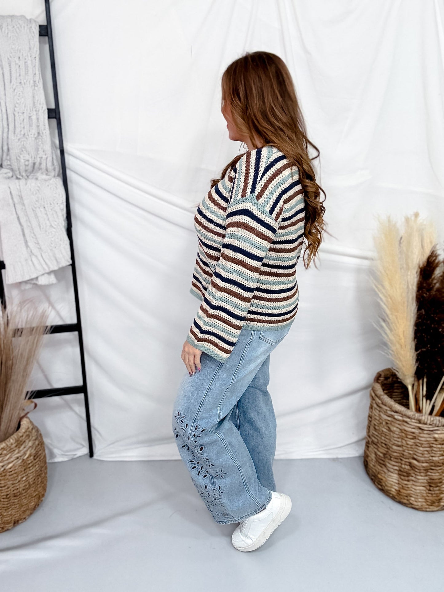 Open Stitch Multi-Color Crew Neck Striped Sweater - Whiskey Skies - SEW IN LOVE