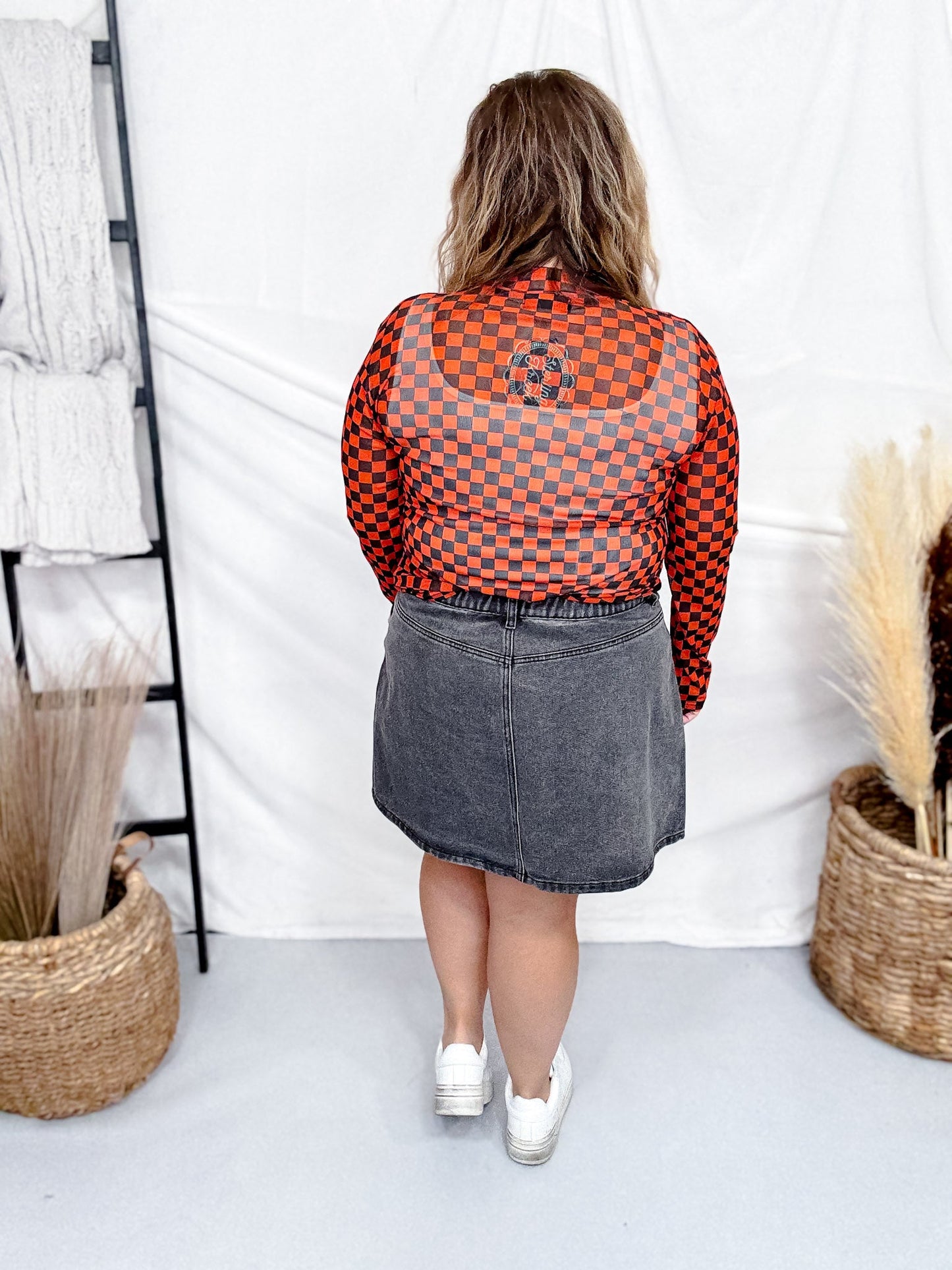 Orange And Black Checkered Long Sleeve Mesh Top - Whiskey Skies - STERLING KREEK