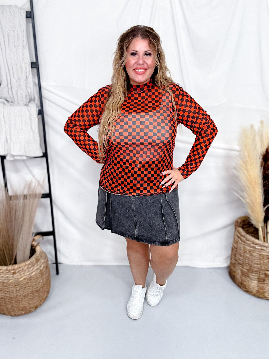 Orange And Black Checkered Long Sleeve Mesh Top - Whiskey Skies - STERLING KREEK