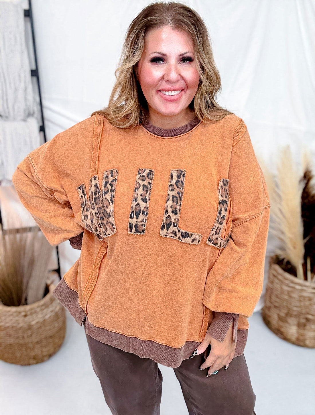 Orange And Leopard Print "Wild" Washed Terry Pullover - Whiskey Skies - EASEL
