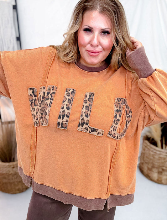 Orange And Leopard Print "Wild" Washed Terry Pullover - Whiskey Skies - EASEL