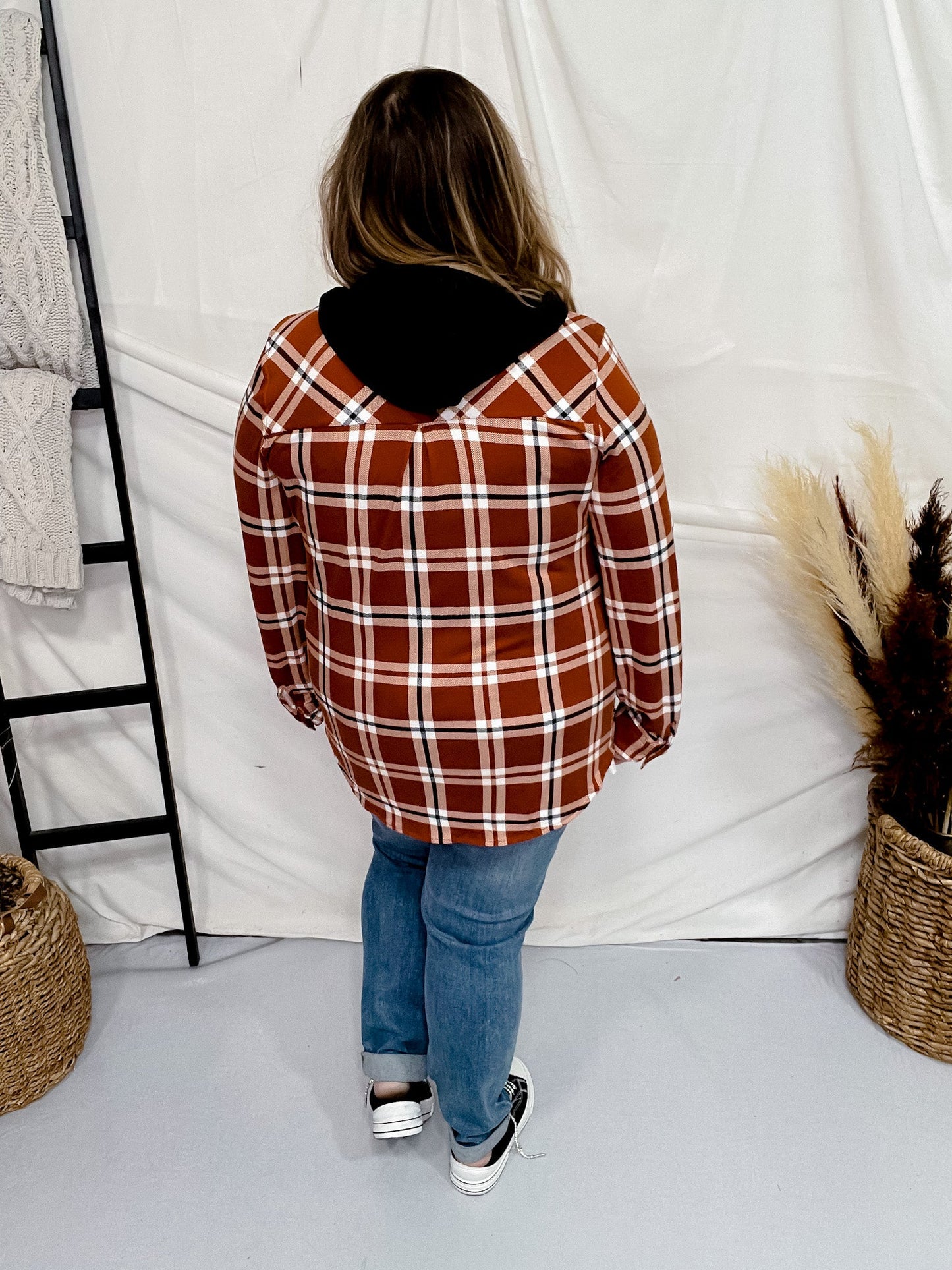 Orange and White Plaid Button Down with Hood - Whiskey Skies - DNA COUTURE