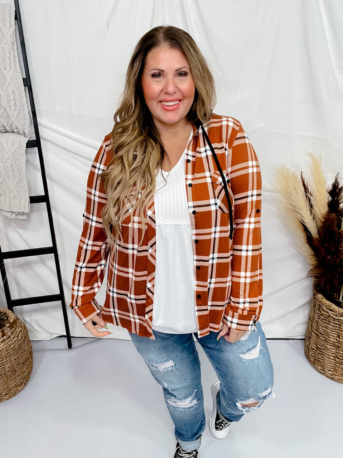 Orange and White Plaid Button Down with Hood - Whiskey Skies - DNA COUTURE