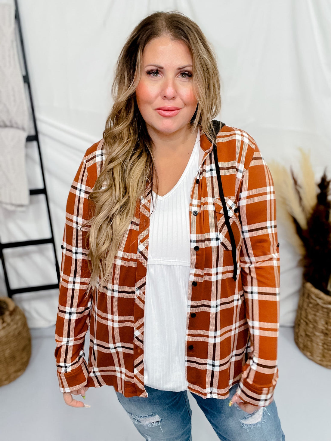 Orange and White Plaid Button Down with Hood - Whiskey Skies - DNA COUTURE