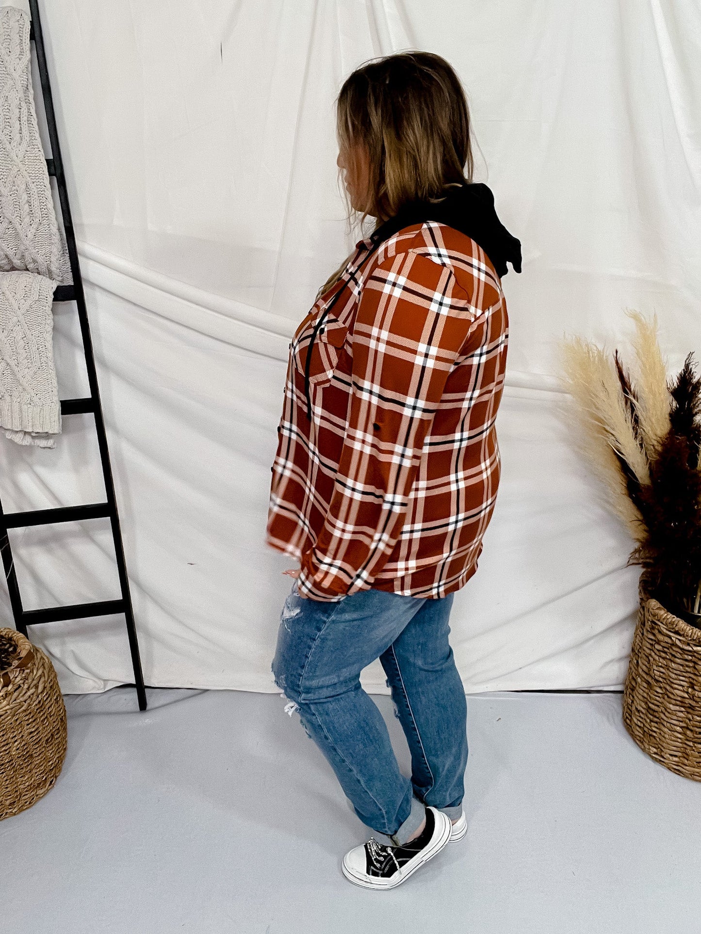 Orange and White Plaid Button Down with Hood - Whiskey Skies - DNA COUTURE