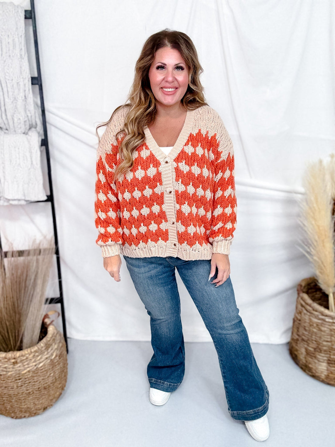 Orange & Beige Textured Button Up Sweater Cardigan - Whiskey Skies - BIBI