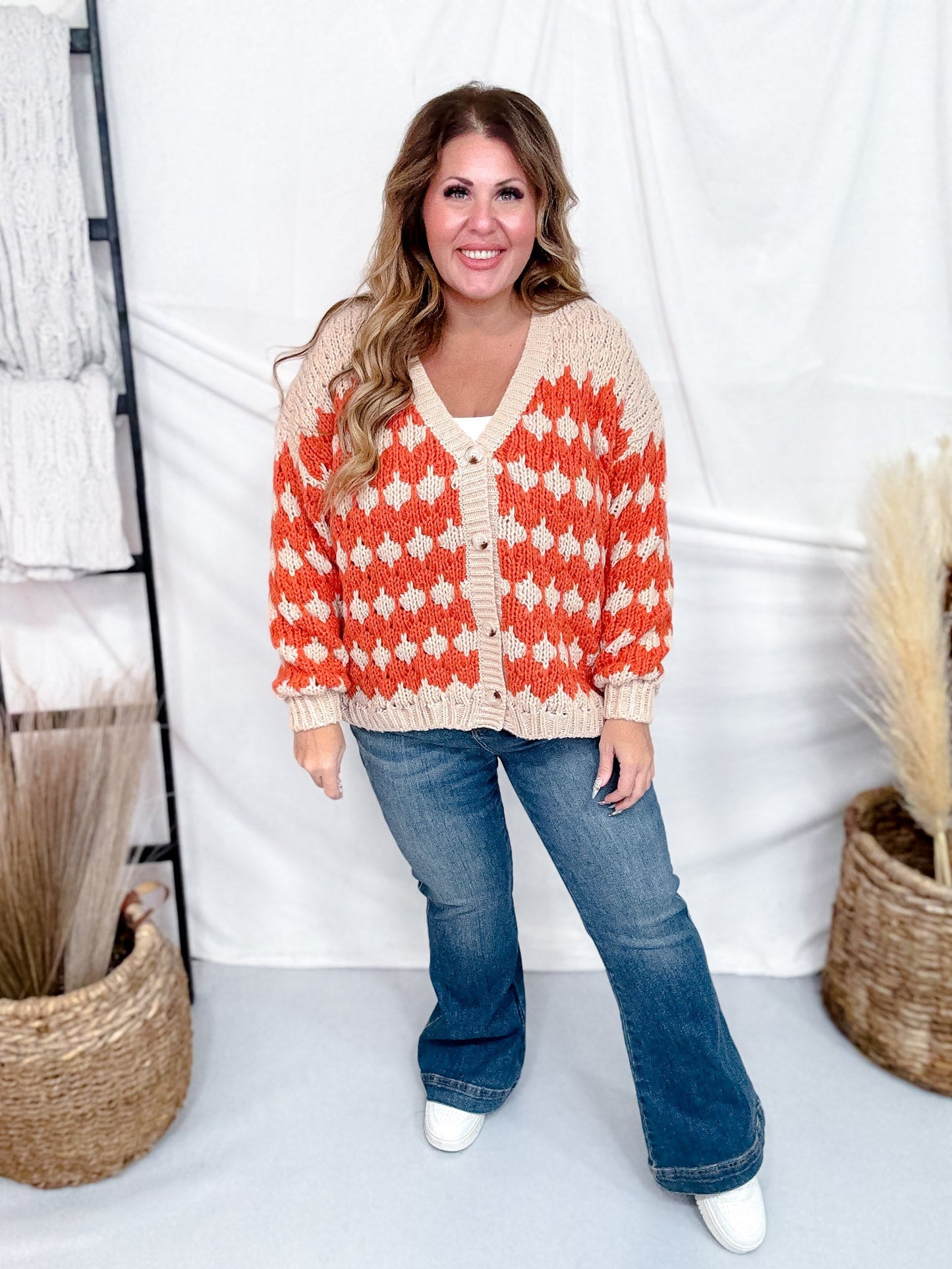 Orange & Beige Textured Button Up Sweater Cardigan - Whiskey Skies - BIBI