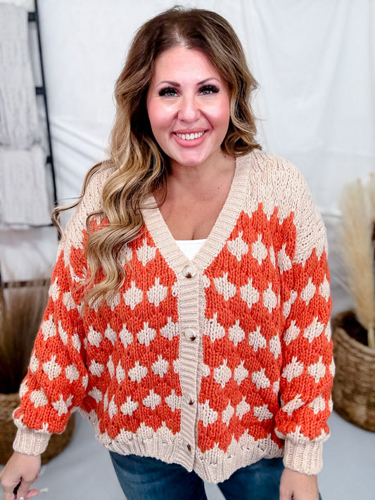 Orange & Beige Textured Button Up Sweater Cardigan - Whiskey Skies - BIBI