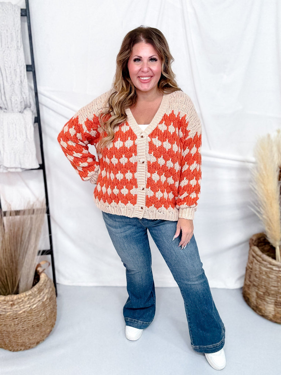 Orange & Beige Textured Button Up Sweater Cardigan - Whiskey Skies - BIBI