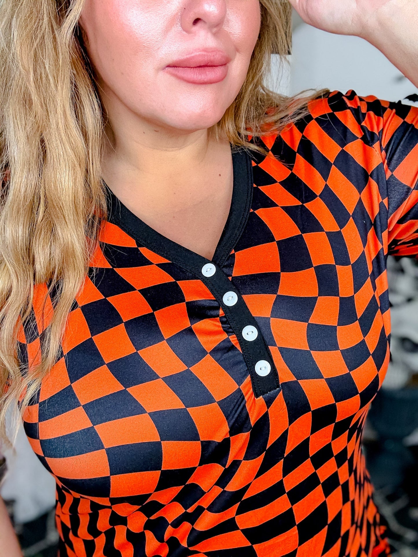 Orange & Black Check Short Sleeve Top & Jogger Bottom Loungewear Set - Whiskey Skies - SHIRLEY & STONE