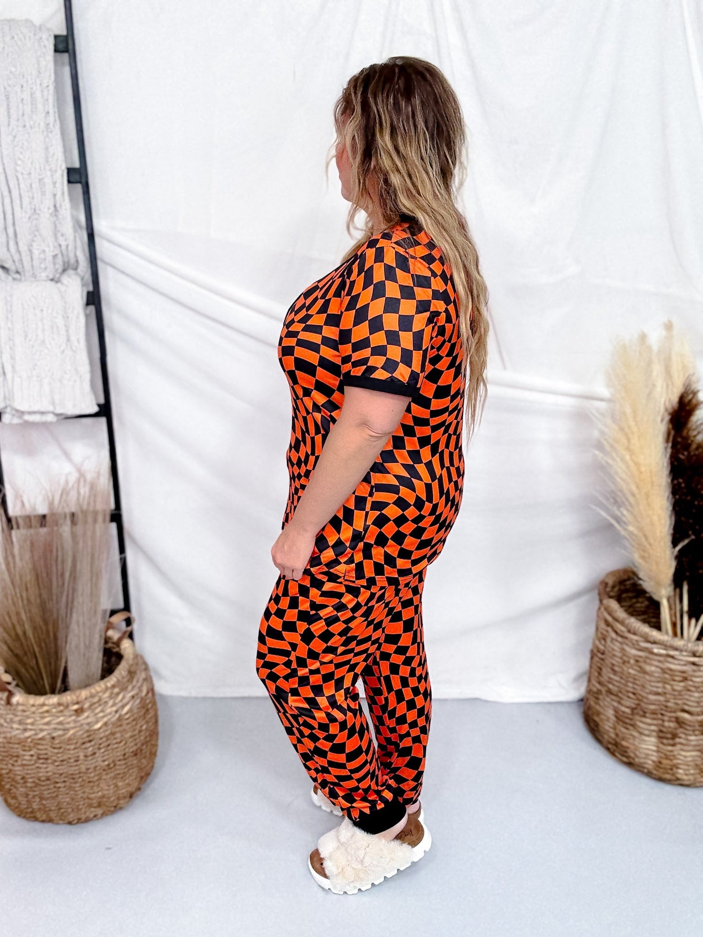 Orange & Black Check Short Sleeve Top & Jogger Bottom Loungewear Set - Whiskey Skies - SHIRLEY & STONE