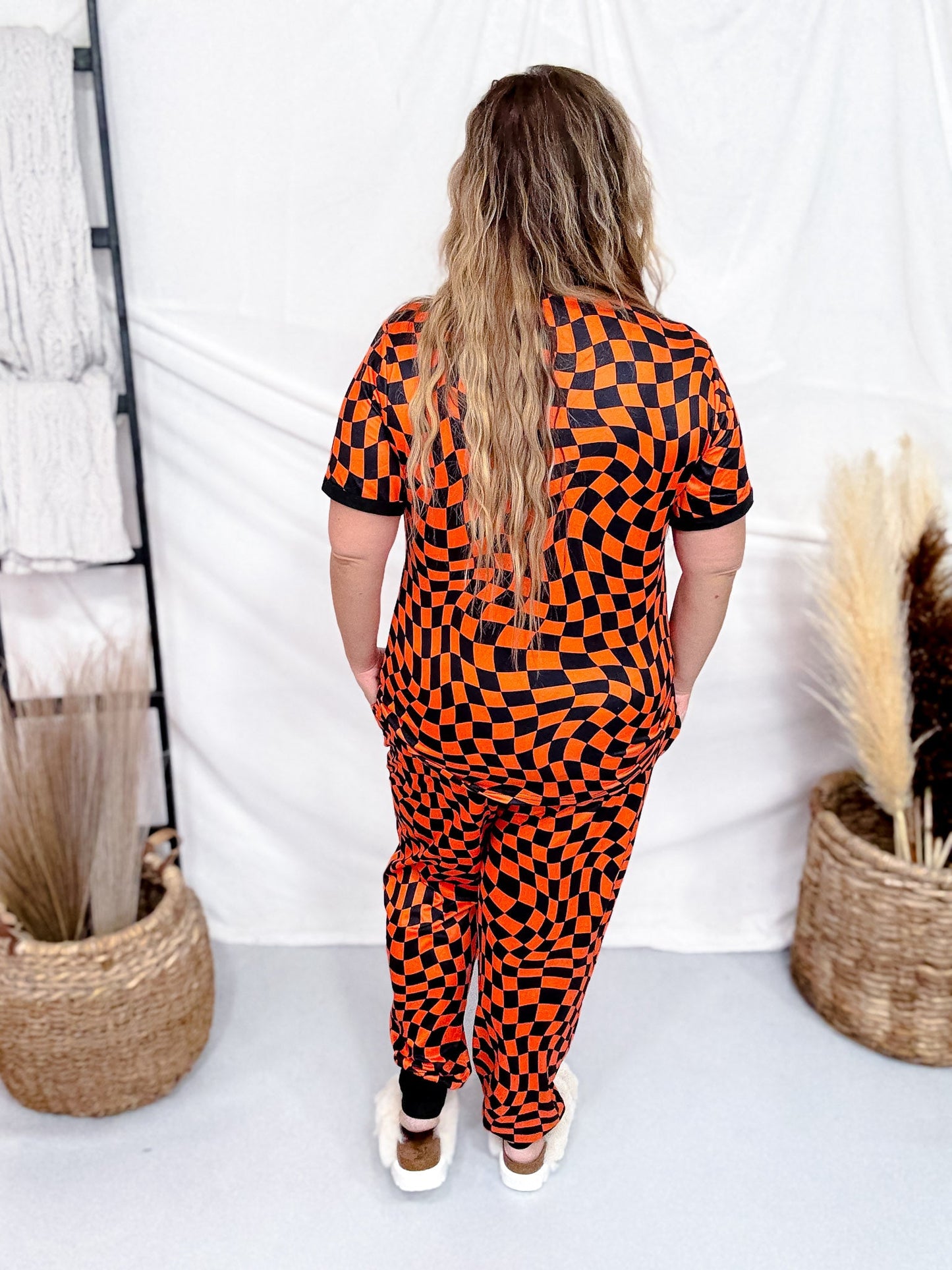 Orange & Black Check Short Sleeve Top & Jogger Bottom Loungewear Set - Whiskey Skies - SHIRLEY & STONE