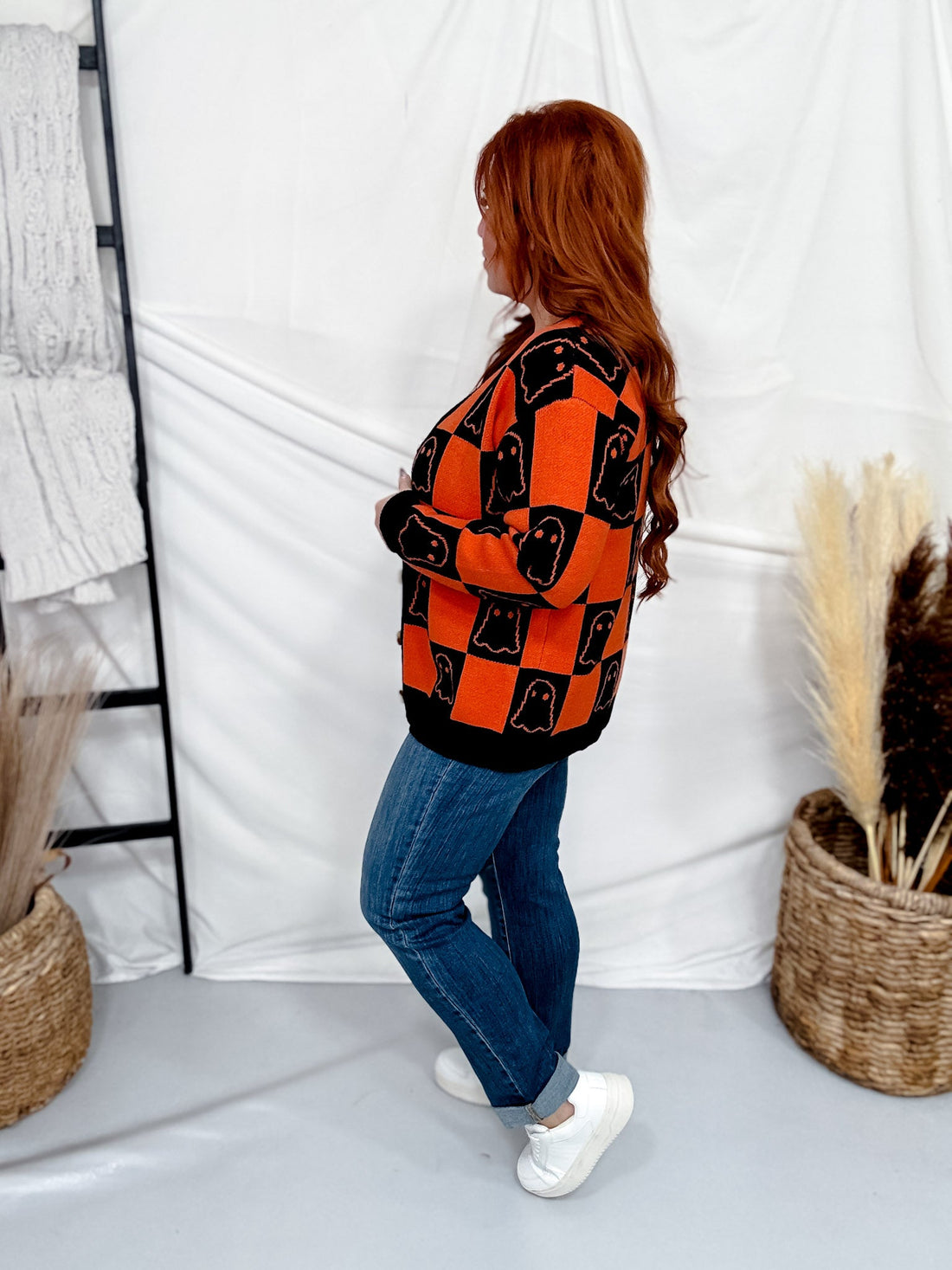Orange & Black Checkered Ghost Print Cardigan - Whiskey Skies - BIBI