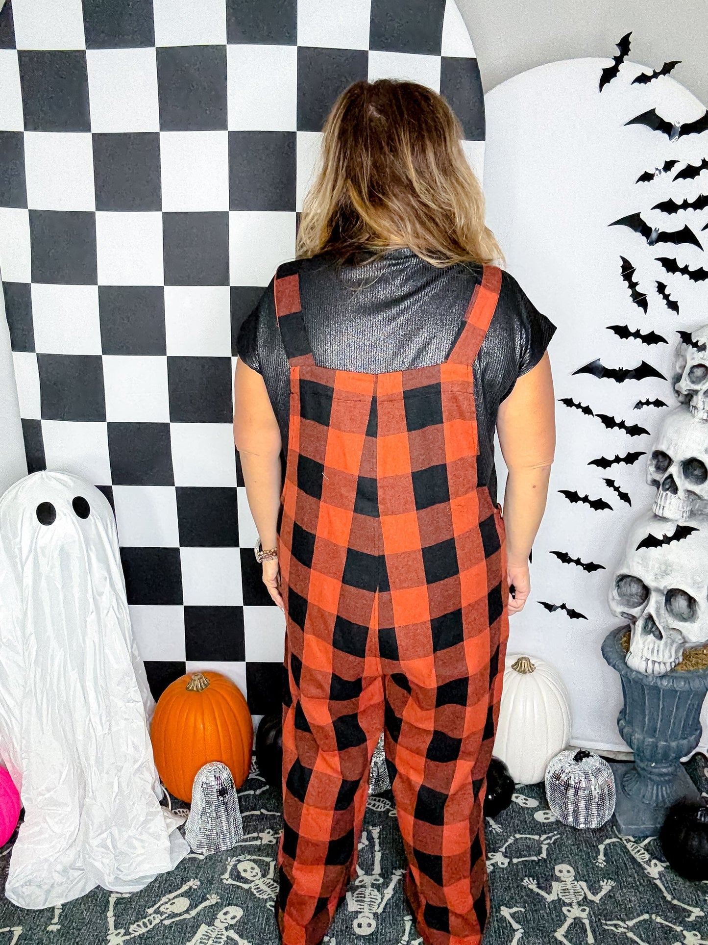 Orange & Black Plaid Flannel Wide Leg Overalls - Whiskey Skies - ODDI
