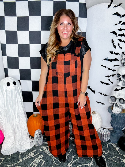 Orange & Black Plaid Flannel Wide Leg Overalls - Whiskey Skies - ODDI