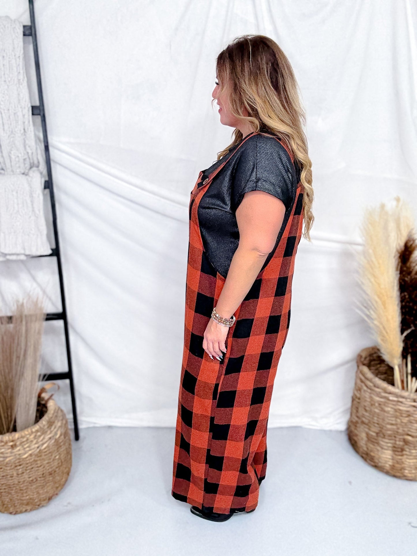 Orange & Black Plaid Flannel Wide Leg Overalls - Whiskey Skies - ODDI