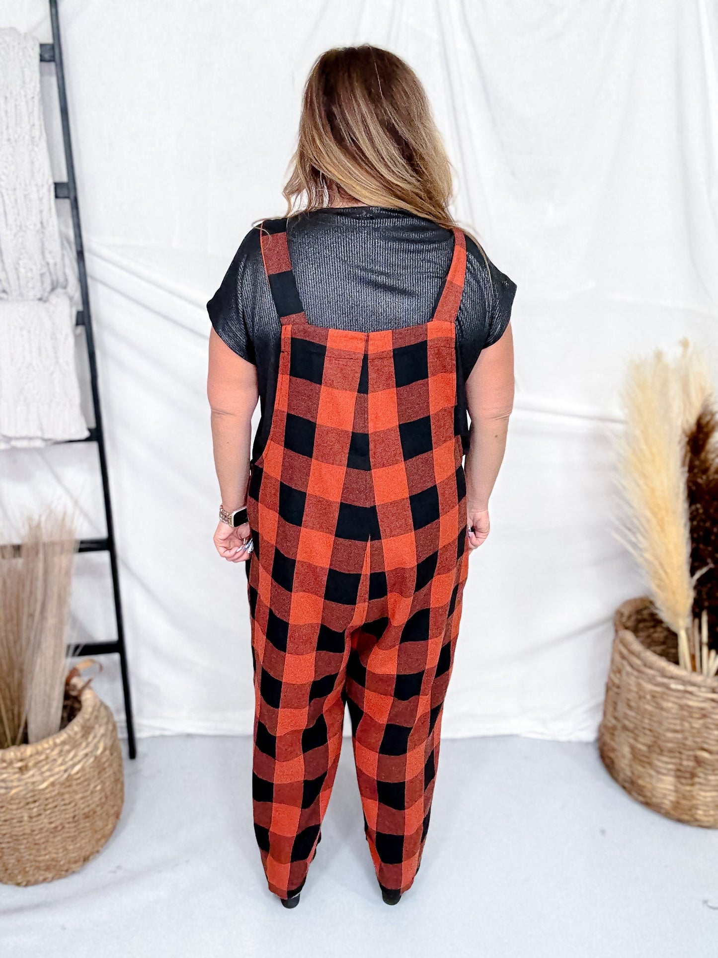 Orange & Black Plaid Flannel Wide Leg Overalls - Whiskey Skies - ODDI