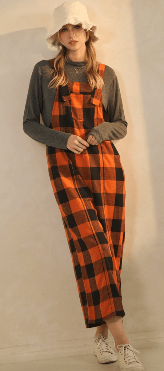 Orange & Black Plaid Flannel Wide Leg Overalls - Whiskey Skies - ODDI