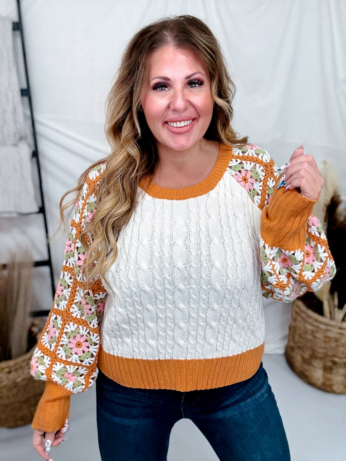 Orange Cream Cable Knit Sweater With Crochet Sleeves - Whiskey Skies - DAVI & DANI