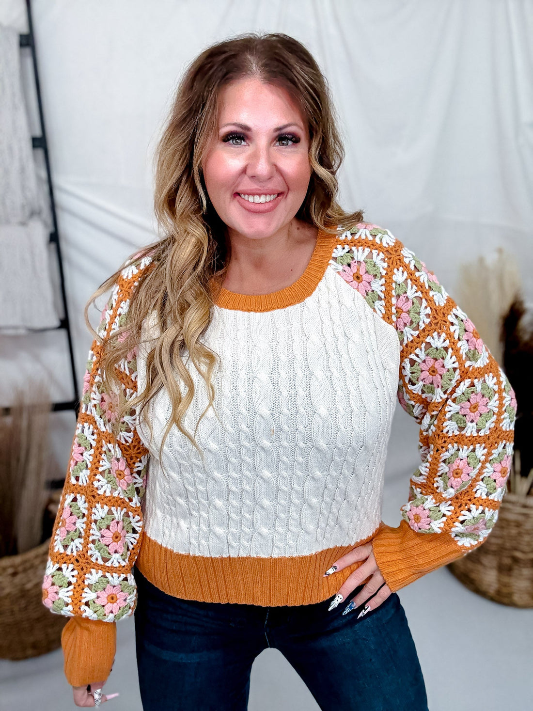 Orange Cream Cable Knit Sweater With Crochet Sleeves - Whiskey Skies - DAVI & DANI