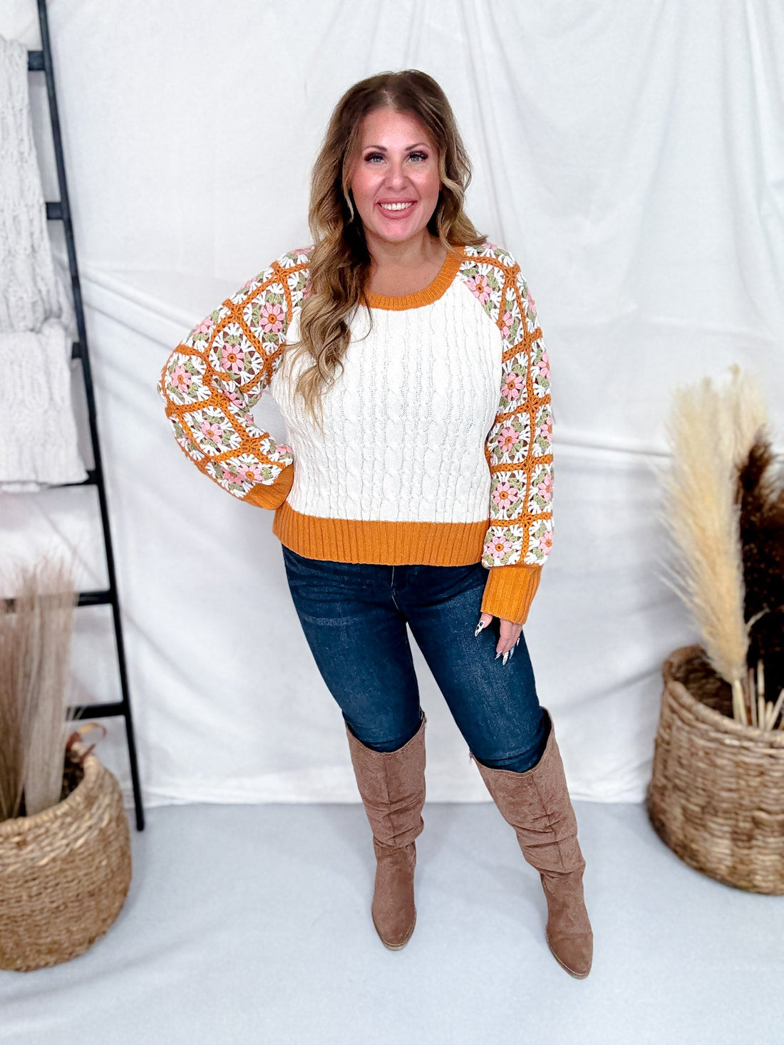 Orange Cream Cable Knit Sweater With Crochet Sleeves - Whiskey Skies - DAVI & DANI