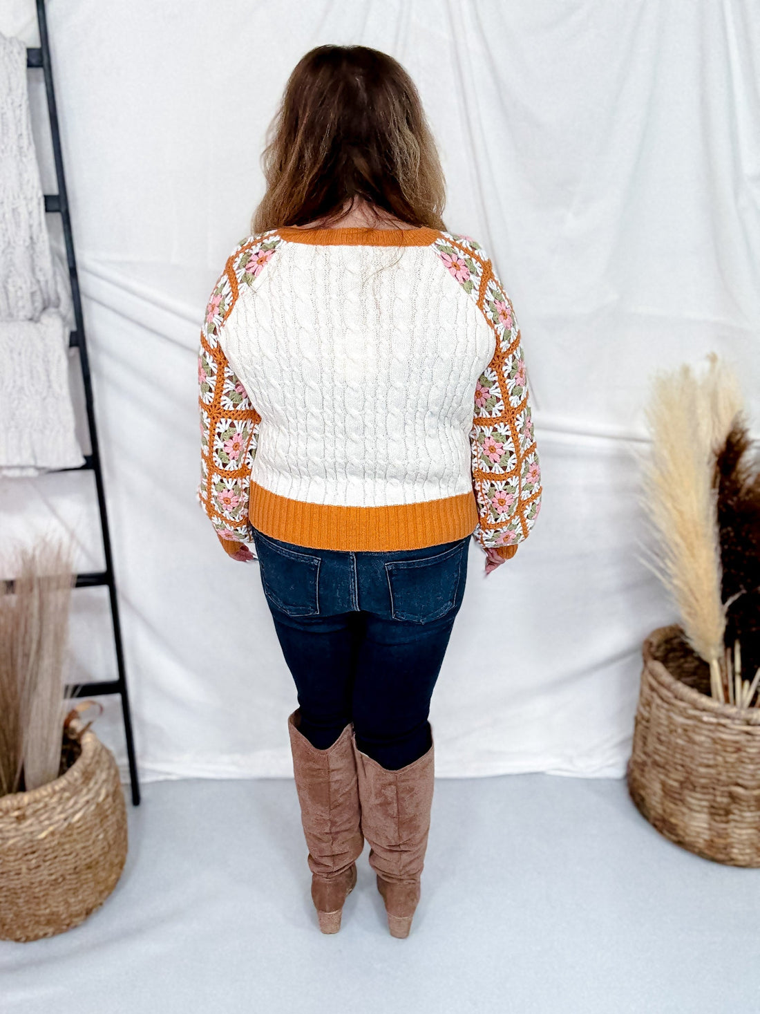Orange Cream Cable Knit Sweater With Crochet Sleeves - Whiskey Skies - DAVI & DANI