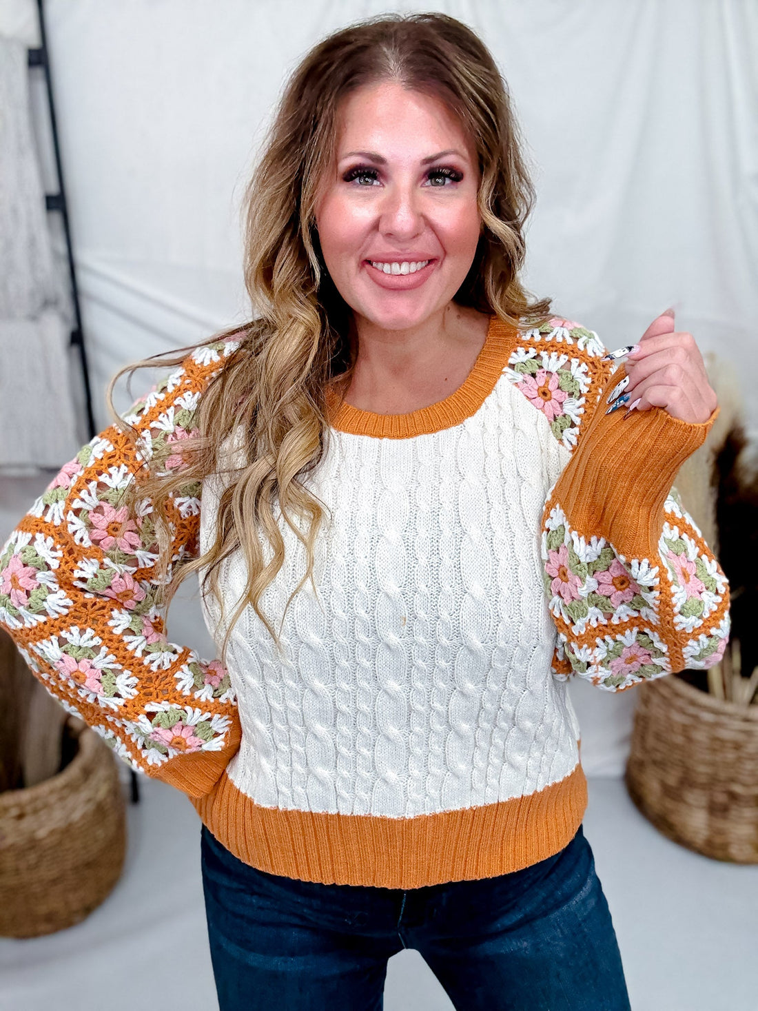 Orange Cream Cable Knit Sweater With Crochet Sleeves - Whiskey Skies - DAVI & DANI