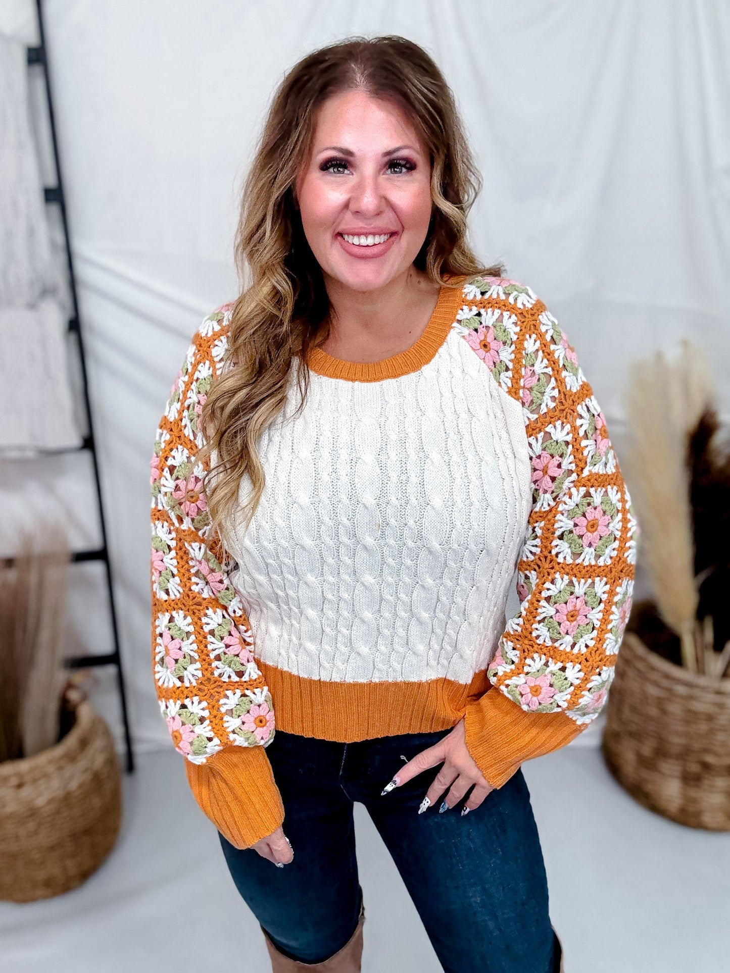 Orange Cream Cable Knit Sweater With Crochet Sleeves - Whiskey Skies - DAVI & DANI