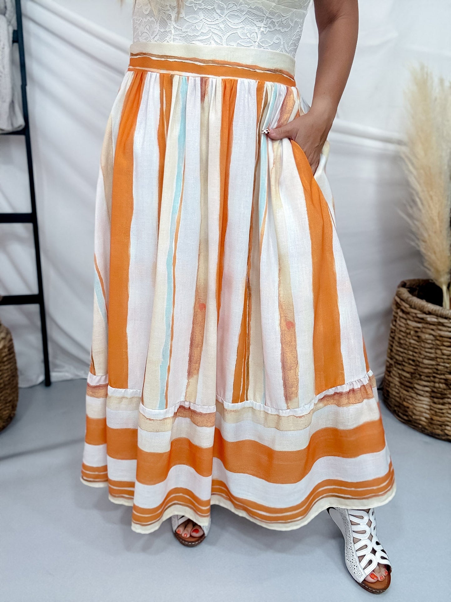 Orange & Cream Striped Midi Skirt - Whiskey Skies - POLAGRAM + BAEVELY