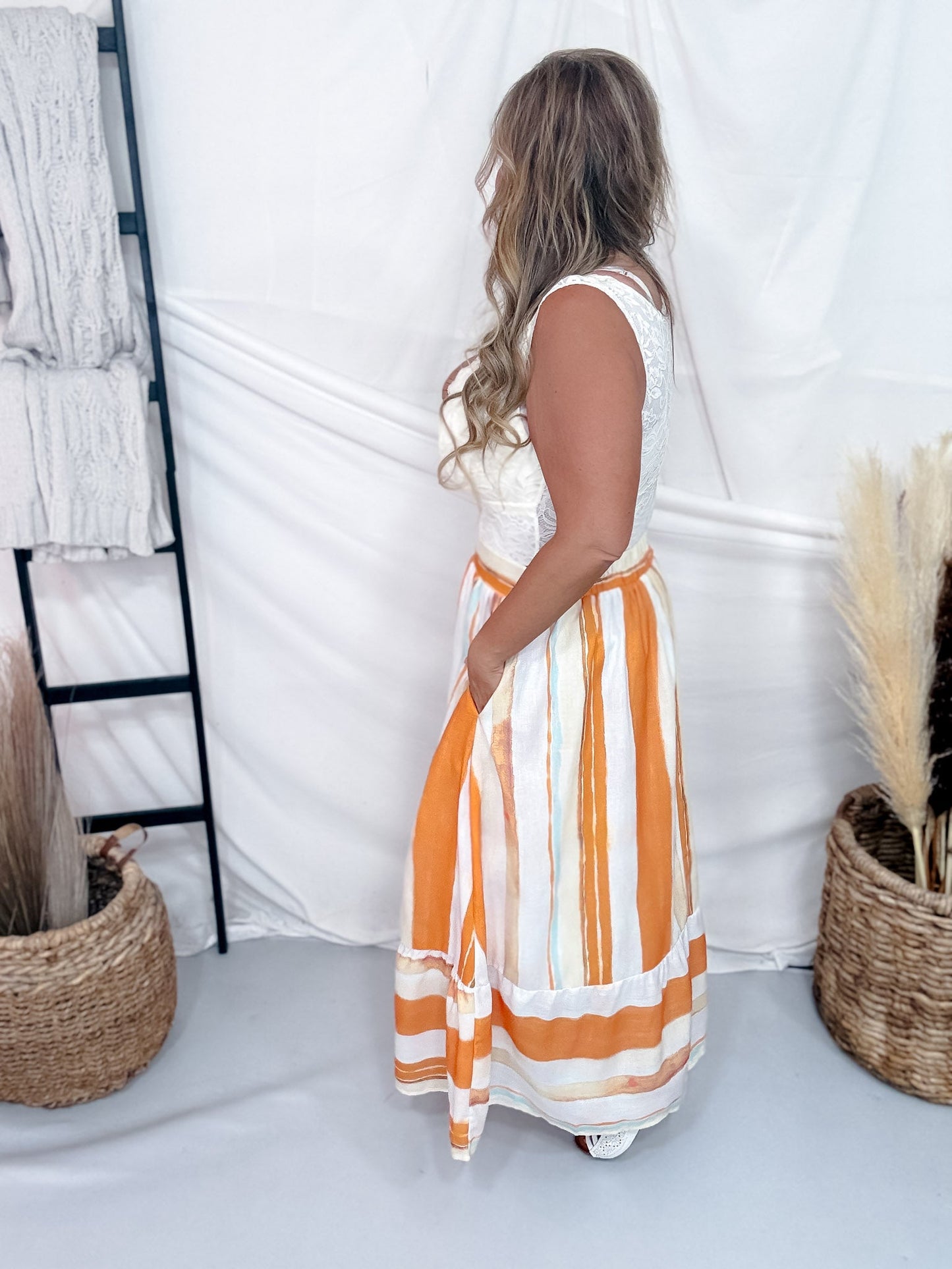 Orange & Cream Striped Midi Skirt - Whiskey Skies - POLAGRAM + BAEVELY