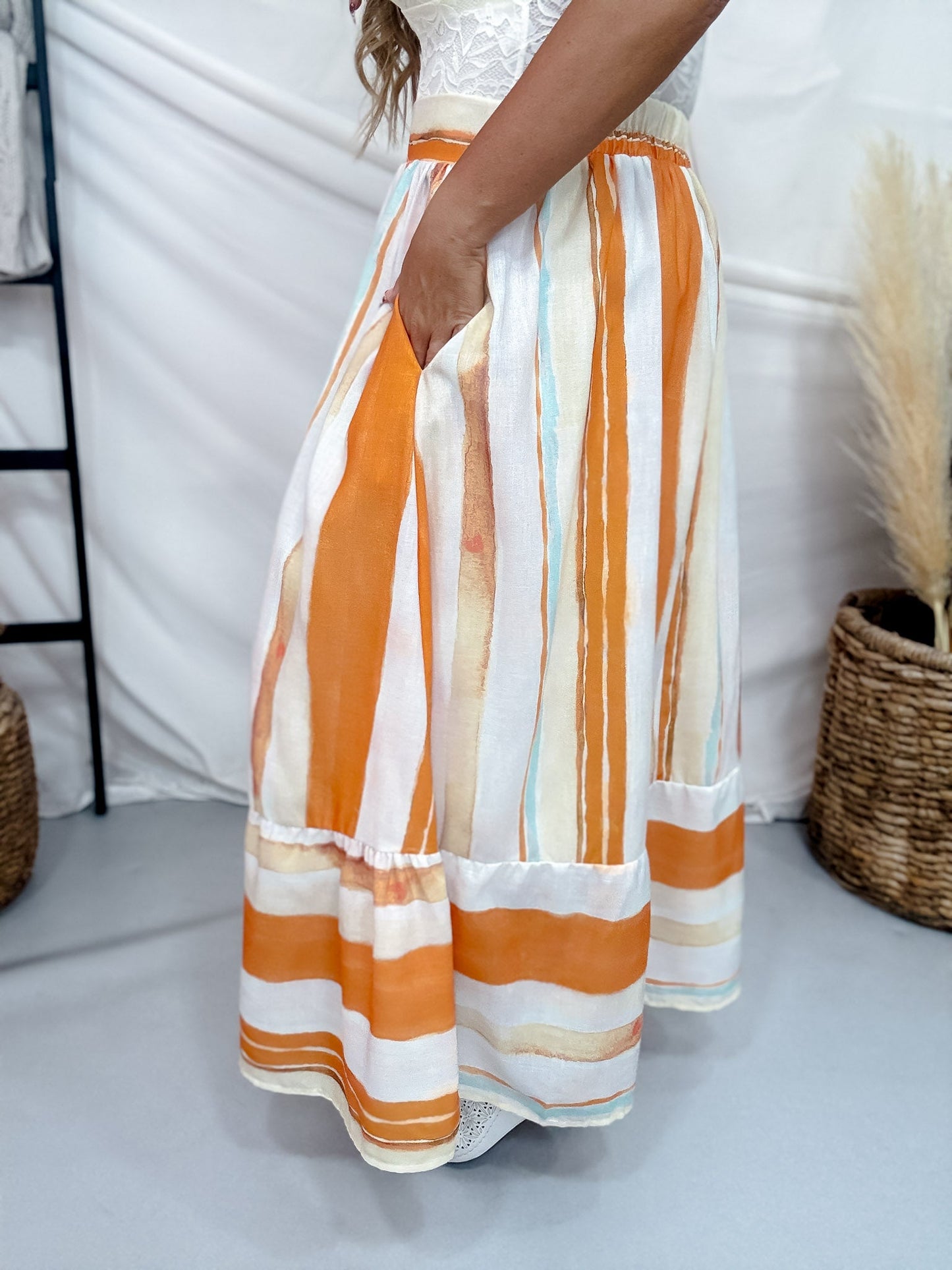 Orange & Cream Striped Midi Skirt - Whiskey Skies - POLAGRAM + BAEVELY